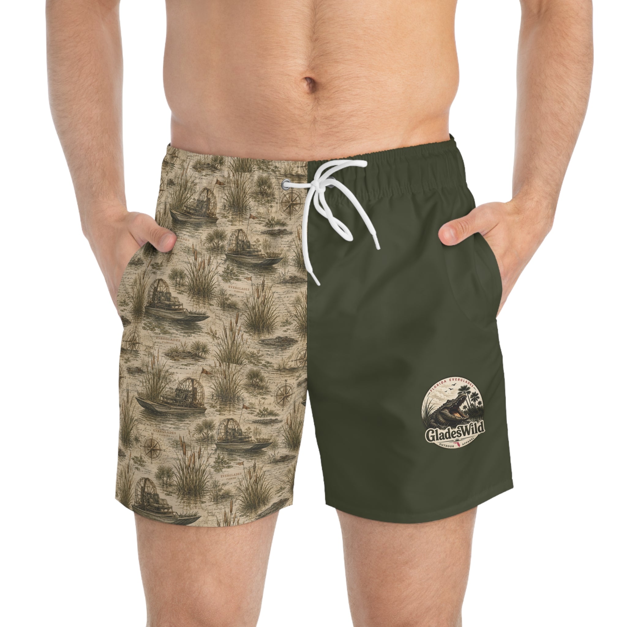 Airboat Heritage  – Olive Split-Panel Swim Trunks